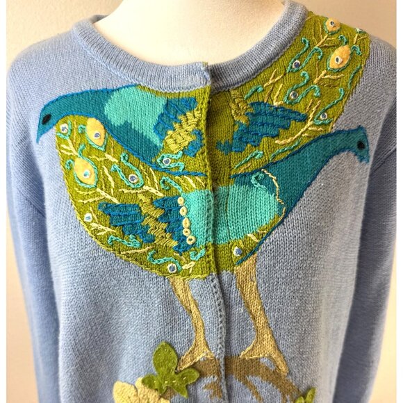 Storybook Knits Women's Blue/Green Button Up Cardigan Sweater Embracing Peacocks - Picture 3 of 12